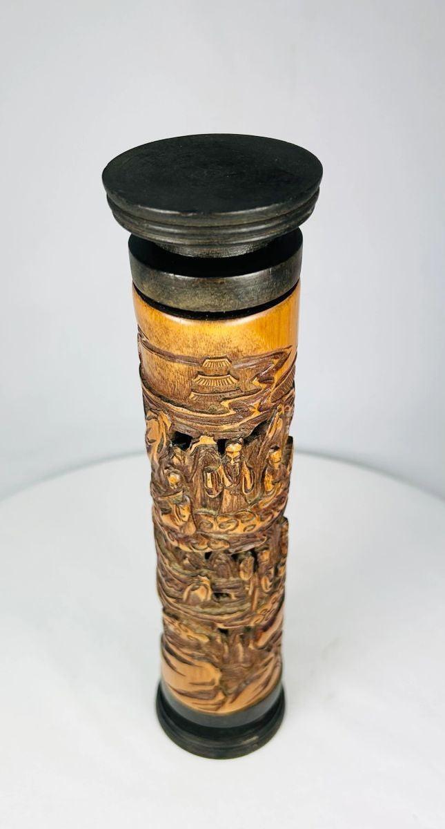 Close-up of carved landscape motifs on a Chinese boxwood incense holder