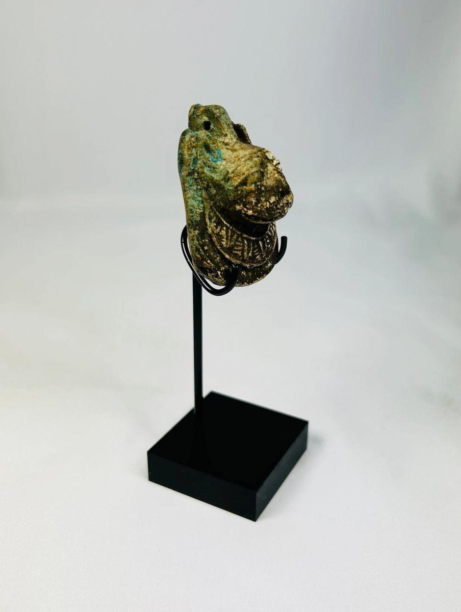 Ancient Egyptian Maahes amulet, Third Intermediate Period, 1070–664 BCE, lion-headed god of war and protection, finely carved stone