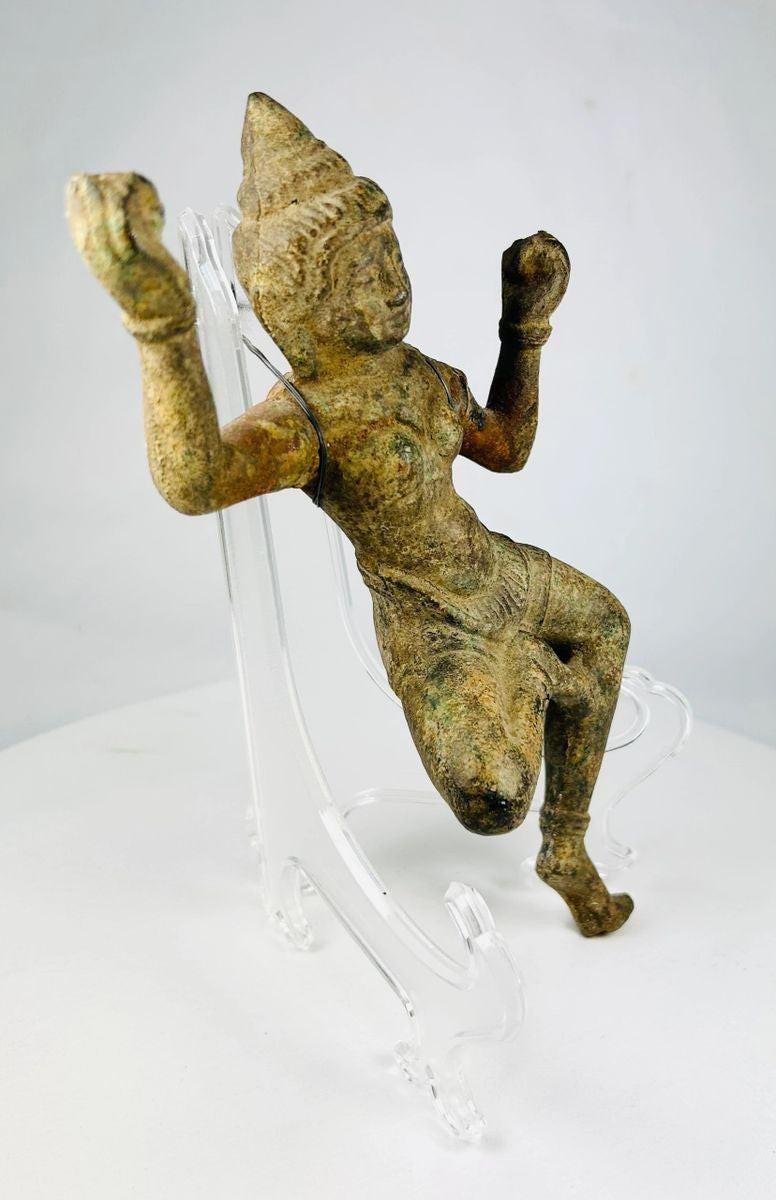 Bronze South Asian dancing figure with intricate attire and traditional headpiece
