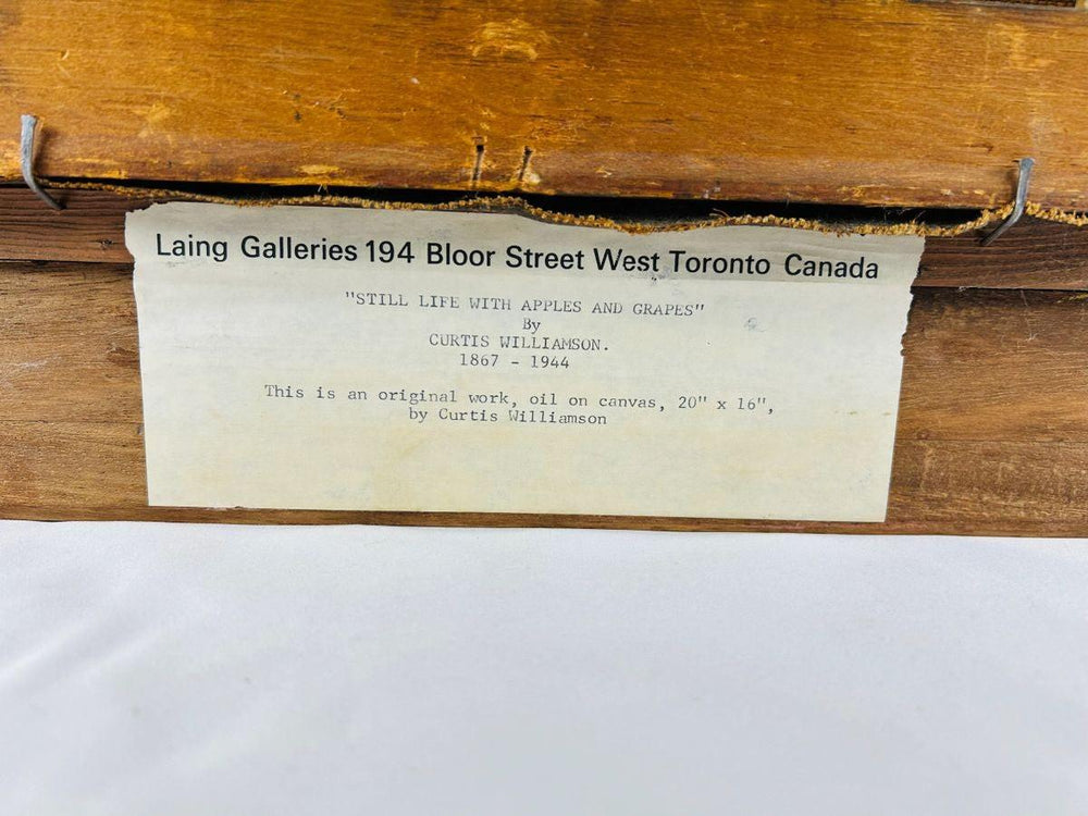 Mid-20th century signed still life oil painting, green vase with grapes and apples, framed in gilded wood