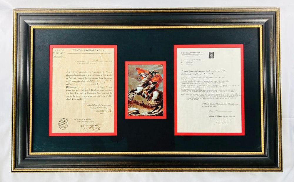 Rare 1795 signed letter by Napoleon Bonaparte, written as “Buonaparte,” displayed in an elegant black and gold museum frame with red matting and historical artwork.