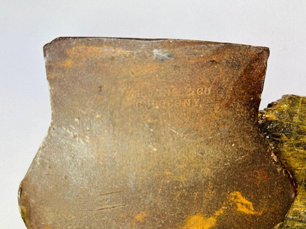 19th-century M.H. Jones & Co. broadhead axe, forged steel blade with wooden handle, New York woodcutting tool