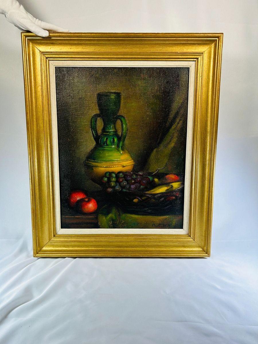 Signed mid-20th century oil painting still life, green vase with grapes and apples, detailed brushwork and gilded frame