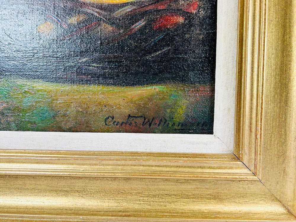 Green vase with grapes and apples, mid-20th century signed still life oil painting, gilded wooden frame