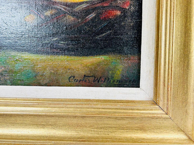 Green vase with grapes and apples, mid-20th century signed still life oil painting, gilded wooden frame