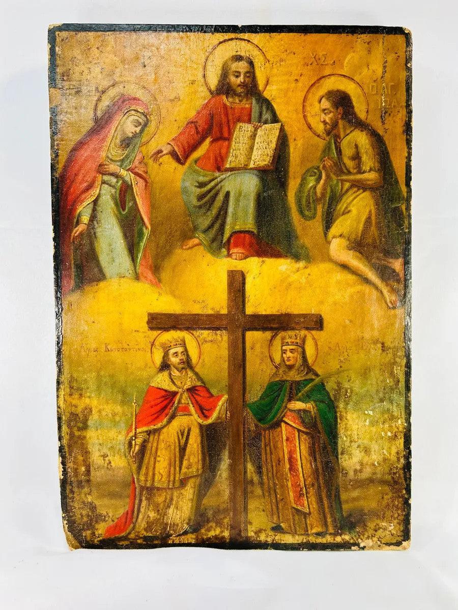 Antique Orthodox tempera icon with gilded background, Deësis composition, and lower scene of Constantine & Helena venerating the True Cross