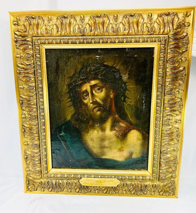 Antique Dutch Baroque religious oil painting of Jesus crowned with thorns in Ecce Homo scene set within a richly gilded frame.
