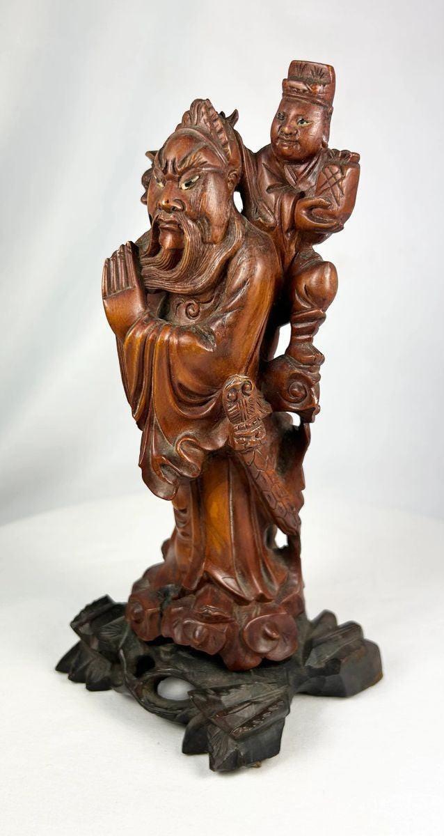 Antique Qing Dynasty Chinese wood carving of warrior immortal figure