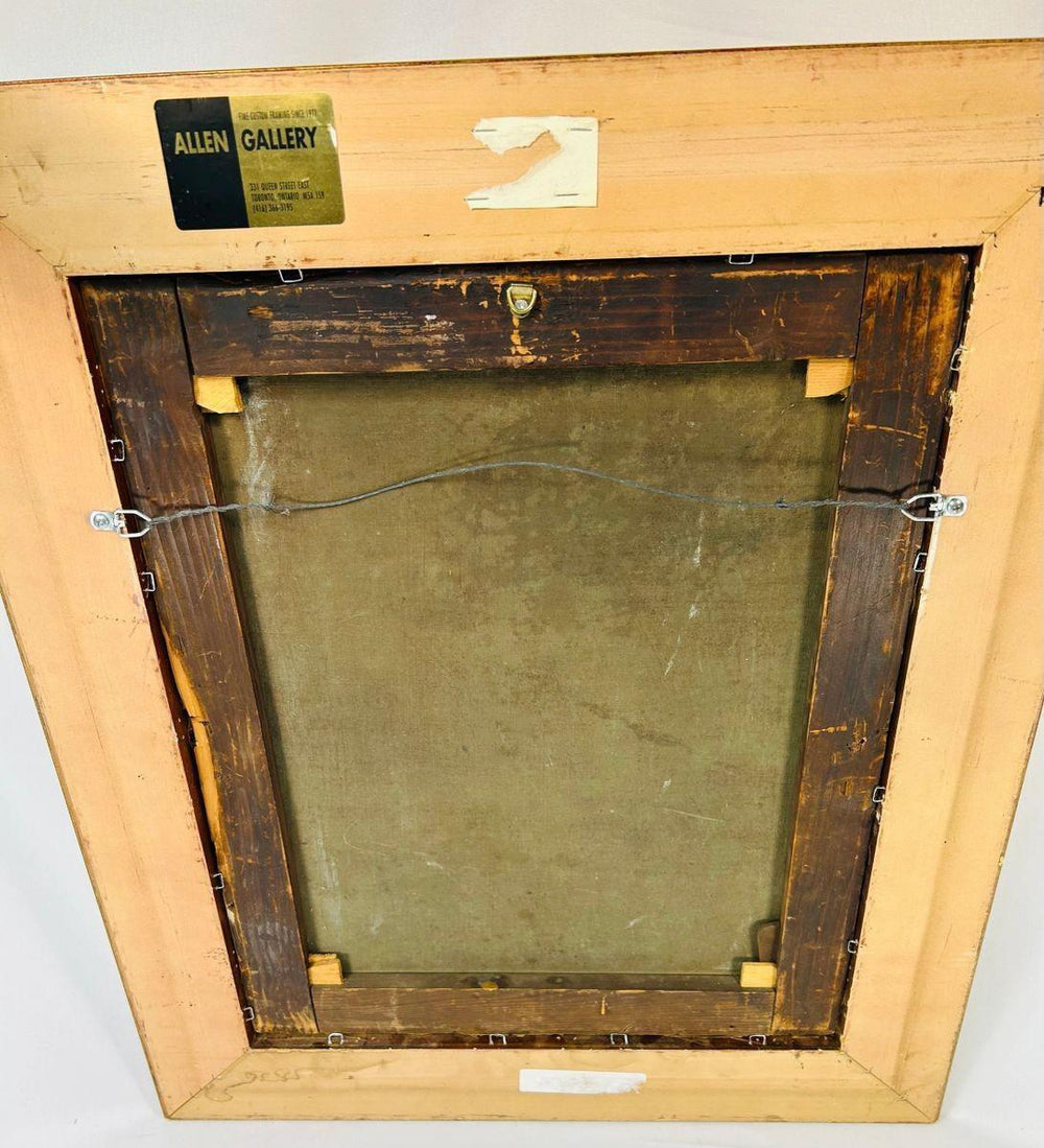 Back of antique religious oil painting with Allen Gallery label and aged wooden frame details.