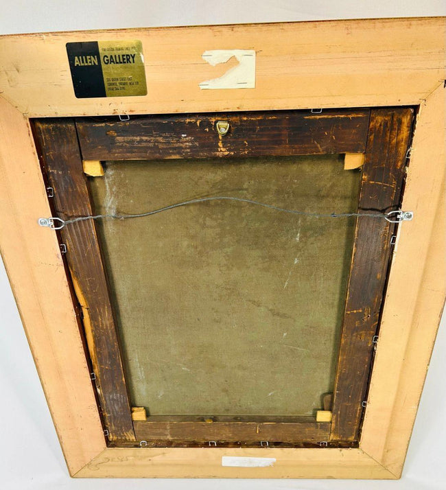 Back of antique religious oil painting with Allen Gallery label and aged wooden frame details.