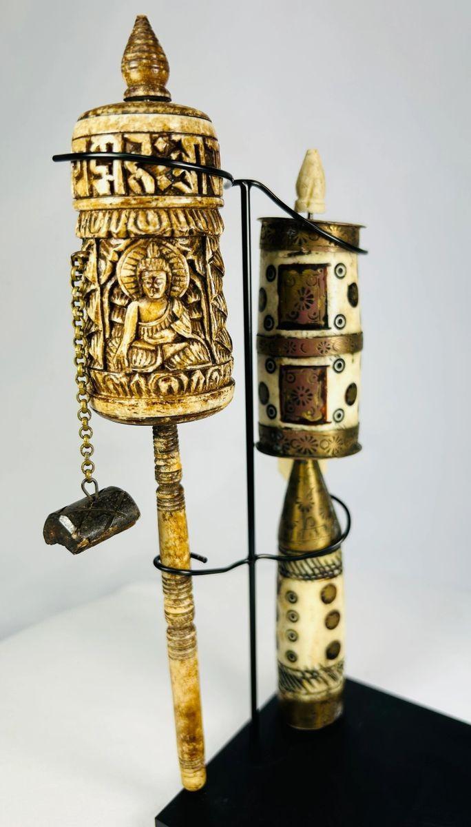 Late 19th-century Tibetan bone and brass prayer wheels on stands