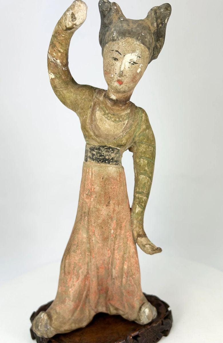 Museum-quality Tang Dynasty mingqi dancer showing expressive movement and courtly attire
