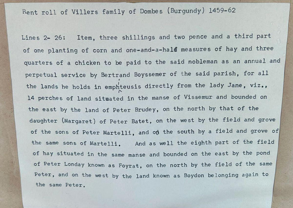 Medieval France Villers family land record 1459–1462 CE with translation