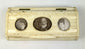 Mid 19th century bone snuff box with inset family portraits and decorative carved lid