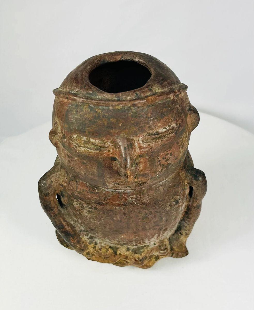 Pre-Columbian terracotta effigy vessel with head opening — ritual container used for offerings, 500 BCE–900 CE, photographed by Relic and Rarity