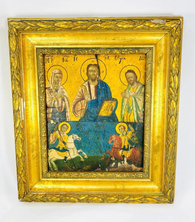 Hand-Painted Greek Orthodox Icon | Christ Pantocrator with Saints | 16th–18th Century tempera painting depicting Christ enthroned between the Virgin Mary and St. John the Baptist above St. George and St. Demetrius on horseback, traditional gold ground, Cretan or Greek island school.