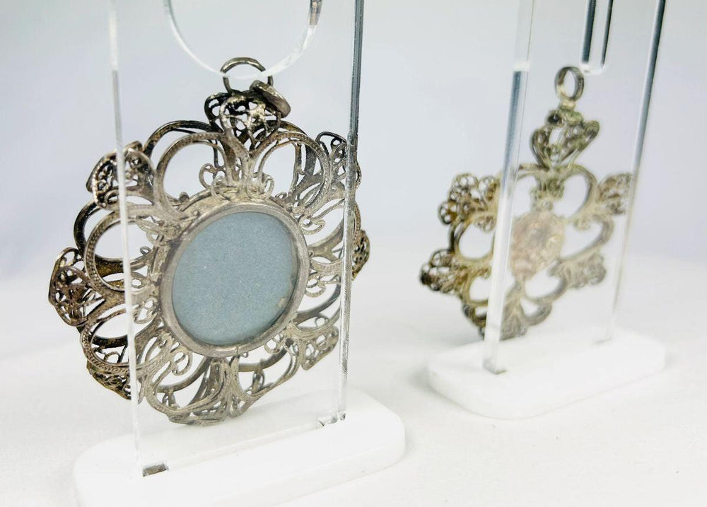 Antique Catholic pendant with silver frame and religious portrait