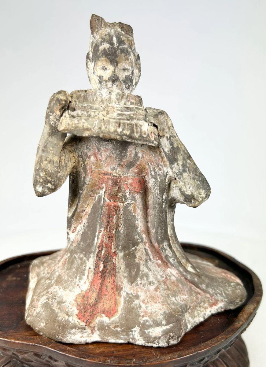 Tang Dynasty female musician terracotta figure with pan flute and pigments