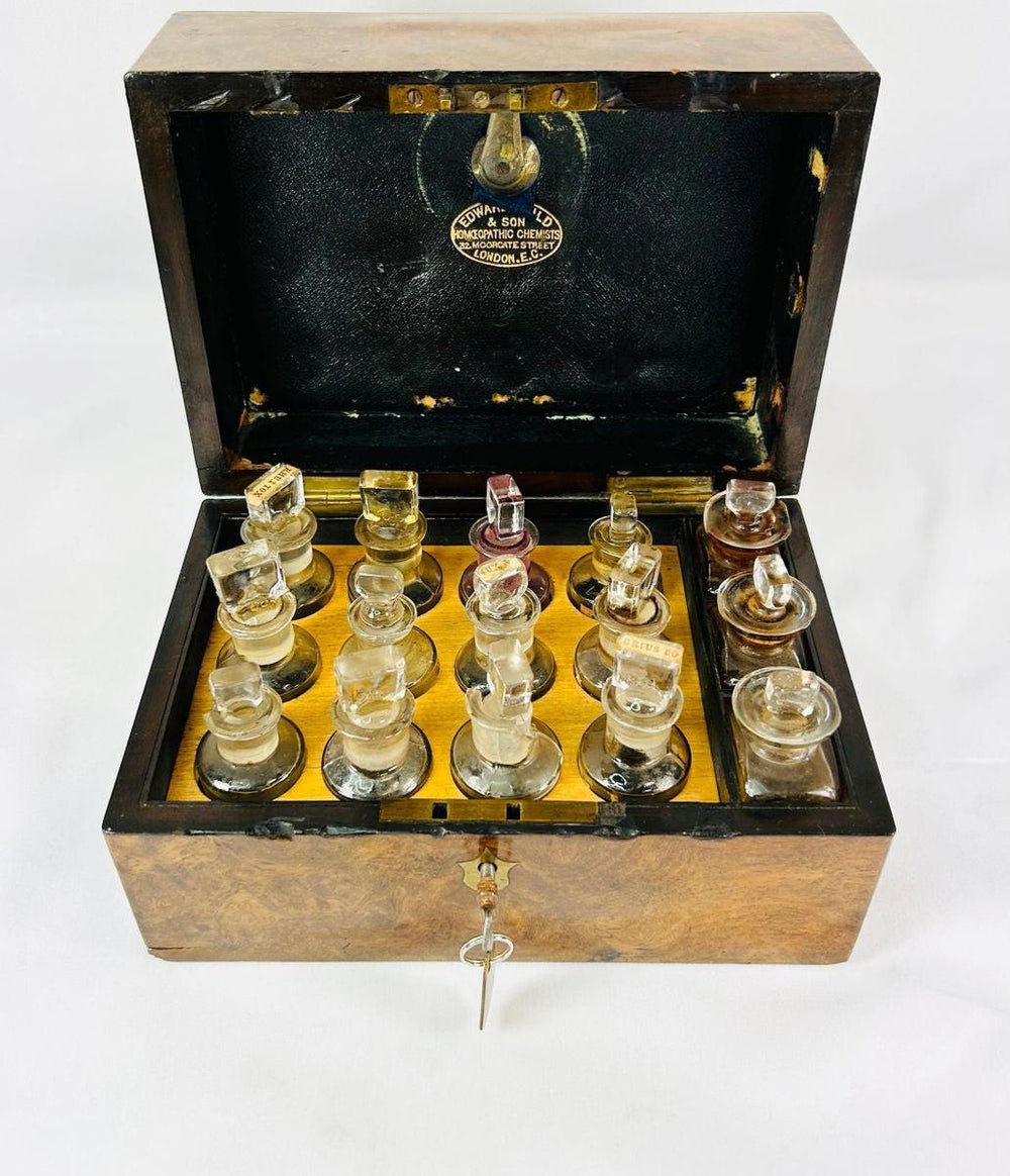 Antique Victorian homeopathy box burl wood brass fittings twelve glass bottles