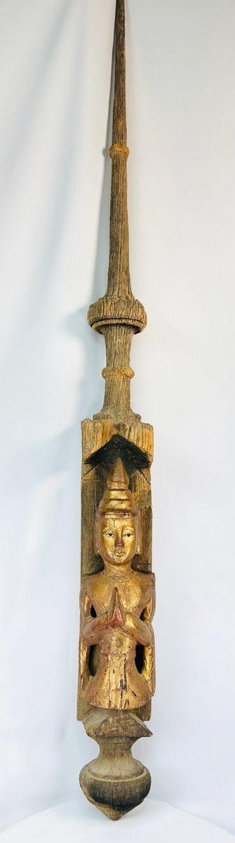 Antique Burmese architectural finial from a Buddhist temple, hand-carved wood with aged patina