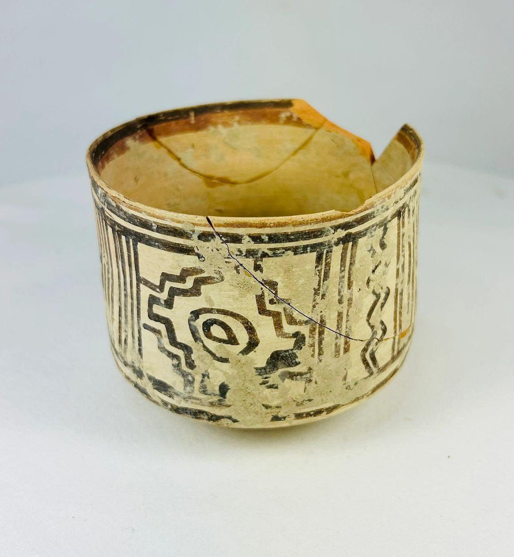 Close-up of Indus Valley pottery surface revealing detailed black-on-cream geometric designs.