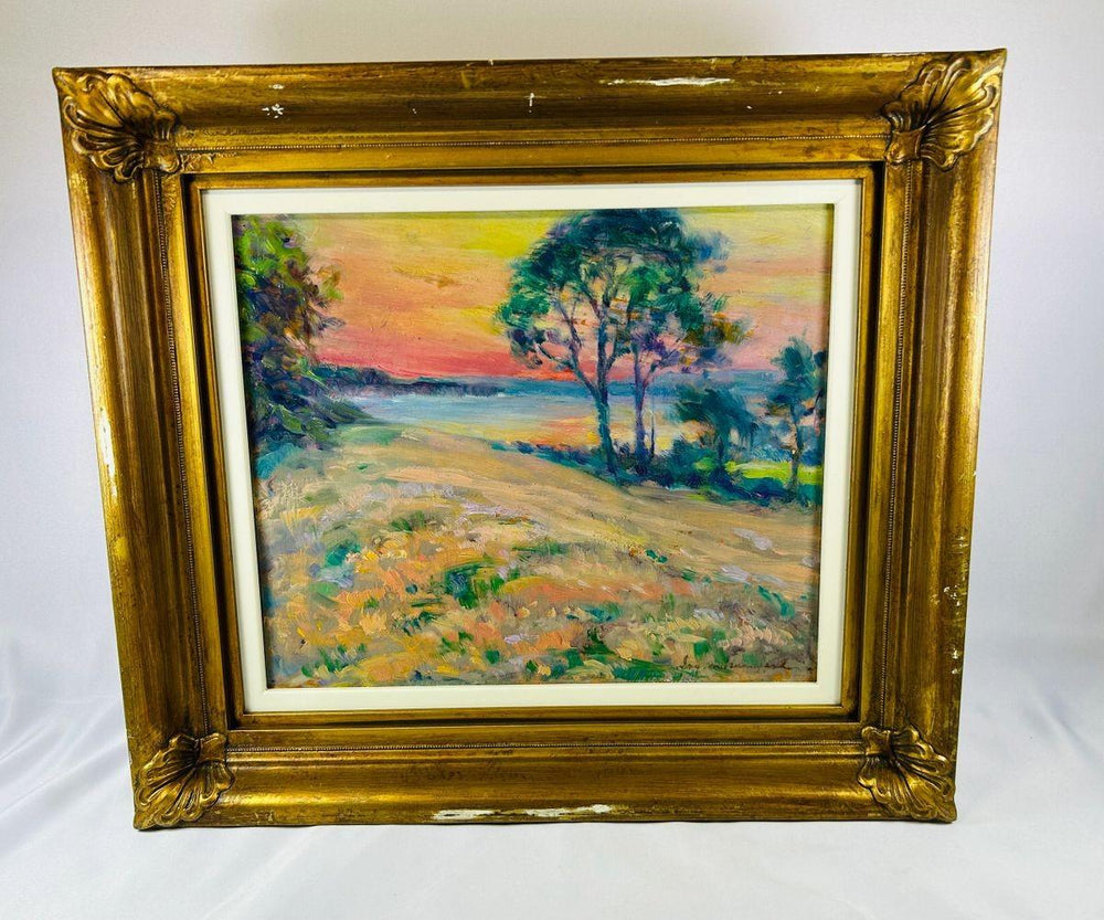 20th century Canadian landscape painting depicting Black Rock on the Bay of Fundy, oil on panel