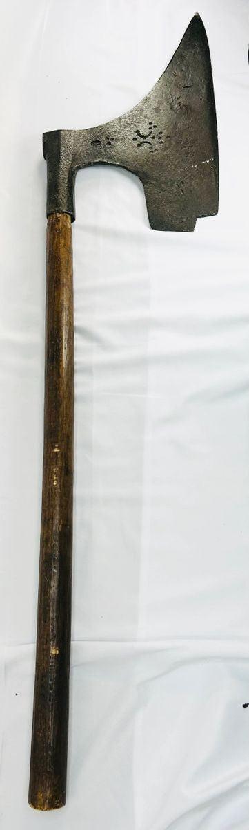 Antique 18th-century European executioner’s axe with forged iron blade and crescent forge stamps.