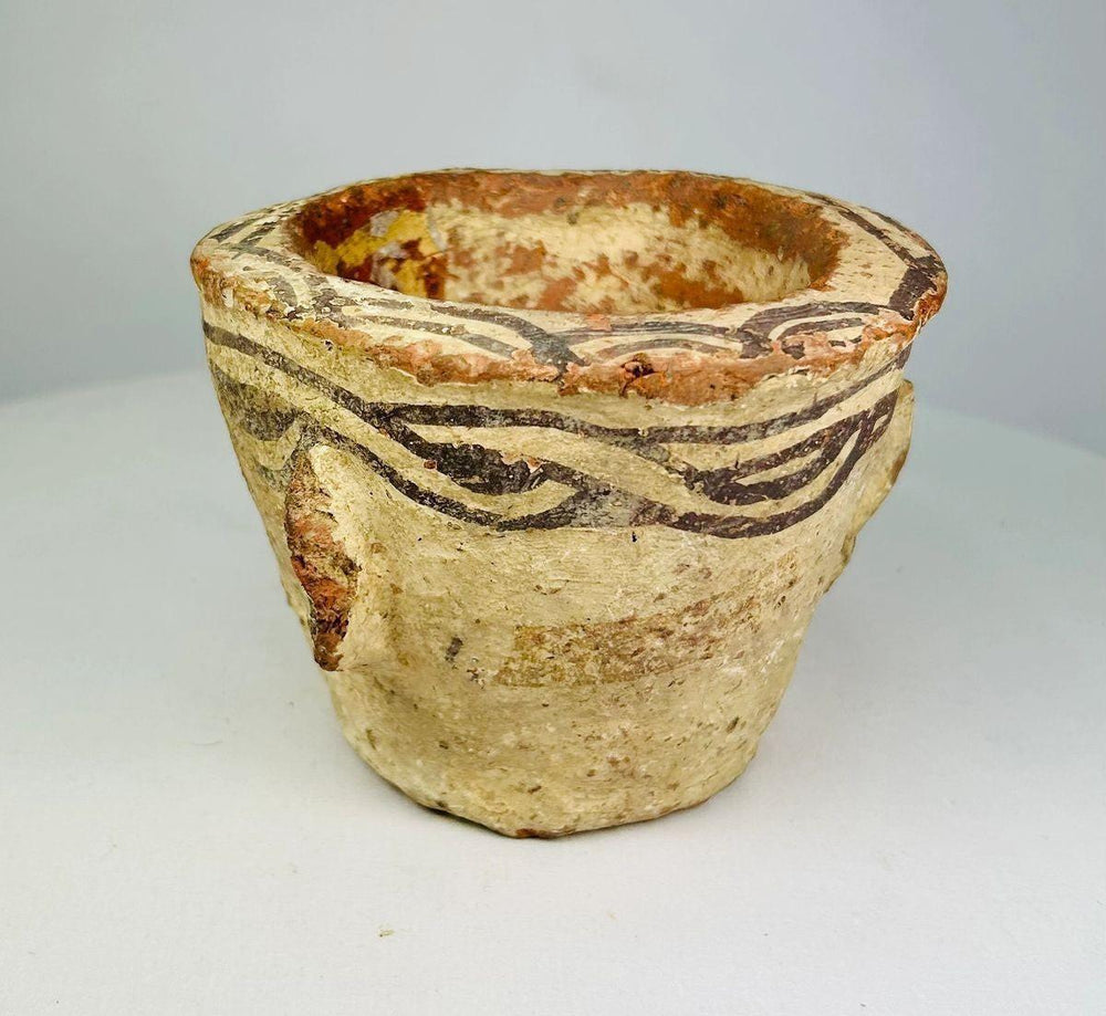 Islamic Afghan terracotta pottery mortar with decorative slip motifs, 12th century CE