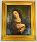 Historic oil painting verso with gallery provenance label and visible canvas wear.