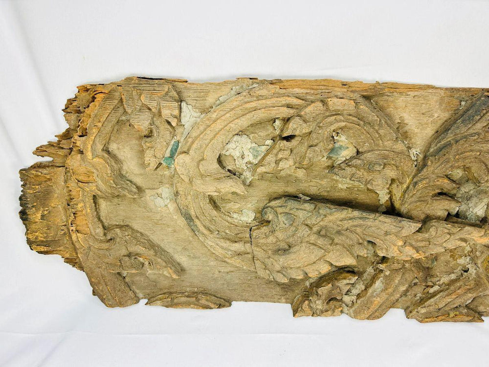 Antique Thai Ayutthaya wood temple fragment featuring gilded sacred design