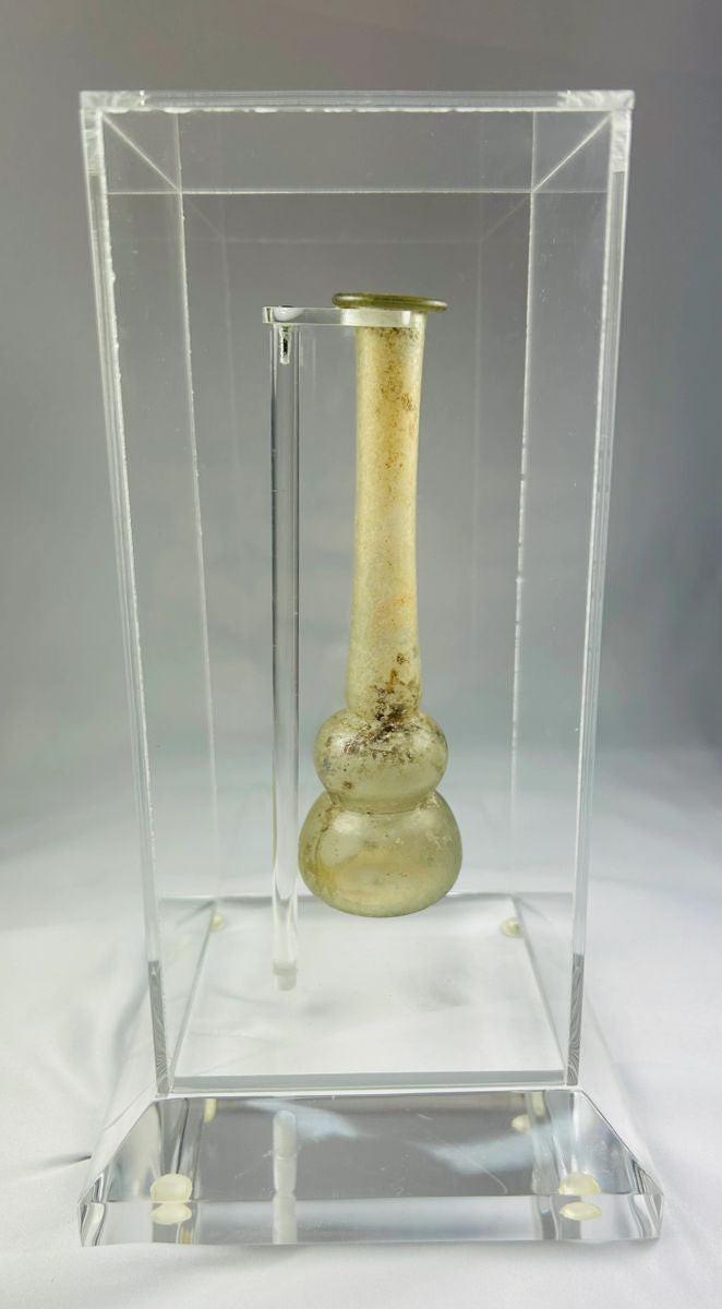 2nd–3rd century CE Roman balsamarium for perfumes or balms with iridescent patina