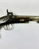 Detailed right-side close-up of Fenton London percussion pistol circa 1780–1830 showing ornate steel lock engraving, double trigger guard, and walnut grip on white background.