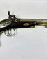 Detailed right-side close-up of Fenton London percussion pistol circa 1780–1830 showing ornate steel lock engraving, double trigger guard, and walnut grip on white background.