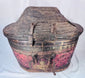 Himalayan leather-clad lidded basket with aged red and ochre decoration