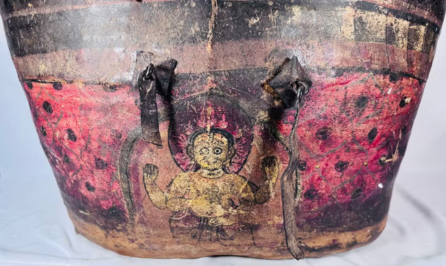 Domed lid of Himalayan painted hide storage basket with iron hardware