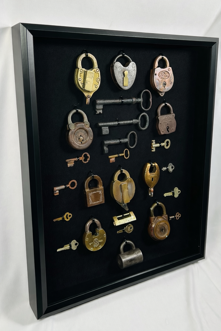Antique locks and keys display showcasing early security mechanisms from the industrial era