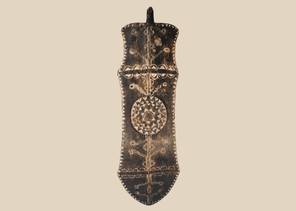 African Carved Wooden Ceremonial Shield with Geometric Decoration | Circa Early to Mid-20th Century