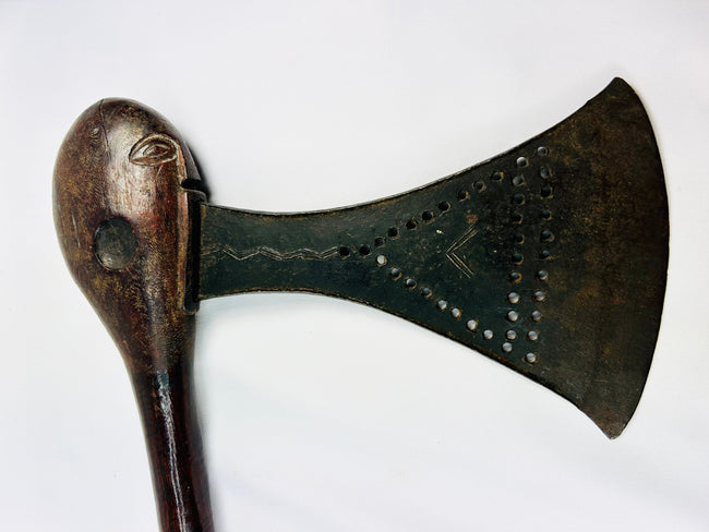Late 19th century Luba regalia axe with triangular punchwork and symbolic eye motif