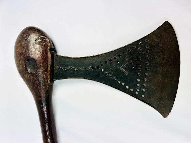 Late 19th century Luba regalia axe with triangular punchwork and symbolic eye motif