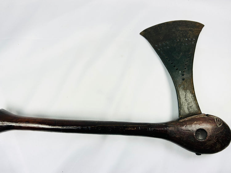 African Luba courtly prestige axe with decorated iron blade and richly patinated wooden handle