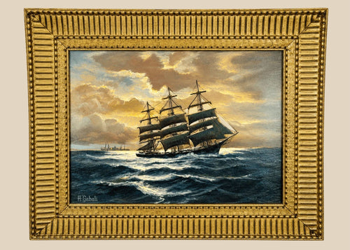 Signed oil on canvas board painting titled “Ships That Pass In The Night” by Alfred Gabali (1886–1963), circa 1958. Maritime scene depicting ships at sea with expressive brushwork and refined ocean and sky tones. Dedicated on verso to Carol Anne Kahne. Reflects Gabali’s German heritage, seafaring background, and Cape Cod art community influence.