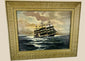 Signed oil on canvas board painting titled “Ships That Pass In The Night” by Alfred Gabali (1886–1963), circa 1958. Maritime scene depicting ships at sea with expressive brushwork and refined ocean and sky tones. Dedicated on verso to Carol Anne Kahne. Reflects Gabali’s German heritage, seafaring background, and Cape Cod art community influence.