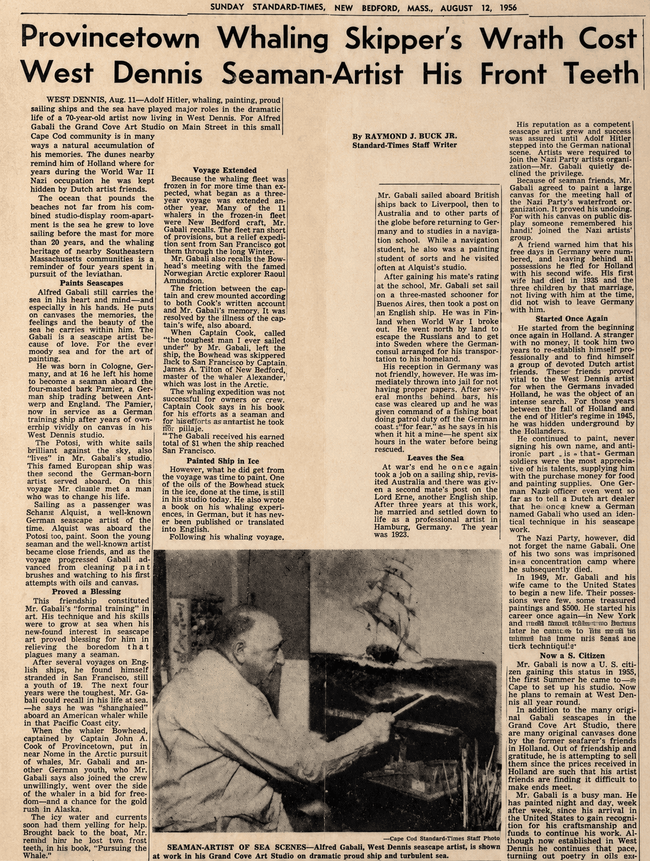 1956 Standard-Times newspaper feature about seaman-artist Alfred Gabali, shown painting a dramatic sailing ship and seascape.