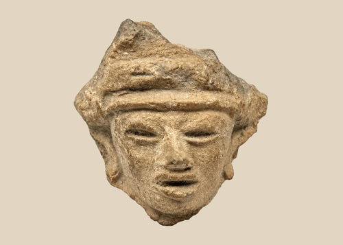 Fragmentary hand-modeled terracotta head of a male figure with almond-shaped eyes, parted lips, raised headband, and stylized coiffure; Western Mexico (Nayarit, Jalisco, or Colima), Late Formative to Early Classic period, circa 200 BCE–300 CE; mounted on custom display stand.