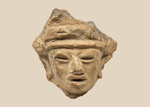 Fragmentary hand-modeled terracotta head of a male figure with almond-shaped eyes, parted lips, raised headband, and stylized coiffure; Western Mexico (Nayarit, Jalisco, or Colima), Late Formative to Early Classic period, circa 200 BCE–300 CE; mounted on custom display stand.