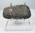 Side view of a Pre-Columbian stone axe showing its thick profile, ground surfaces, and worn cutting edge.