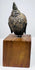 Thai bronze Buddha head with pale surface wear contrasting against dark curls across the rounded head, set on a wooden base.