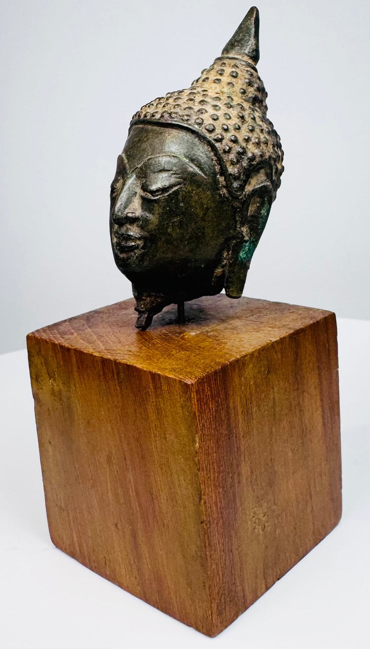 Bronze Buddha head highlighting its sculpted cheek, defined nose, and textured hair beneath a tapered topknot.