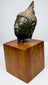 Bronze Buddha head highlighting its sculpted cheek, defined nose, and textured hair beneath a tapered topknot.