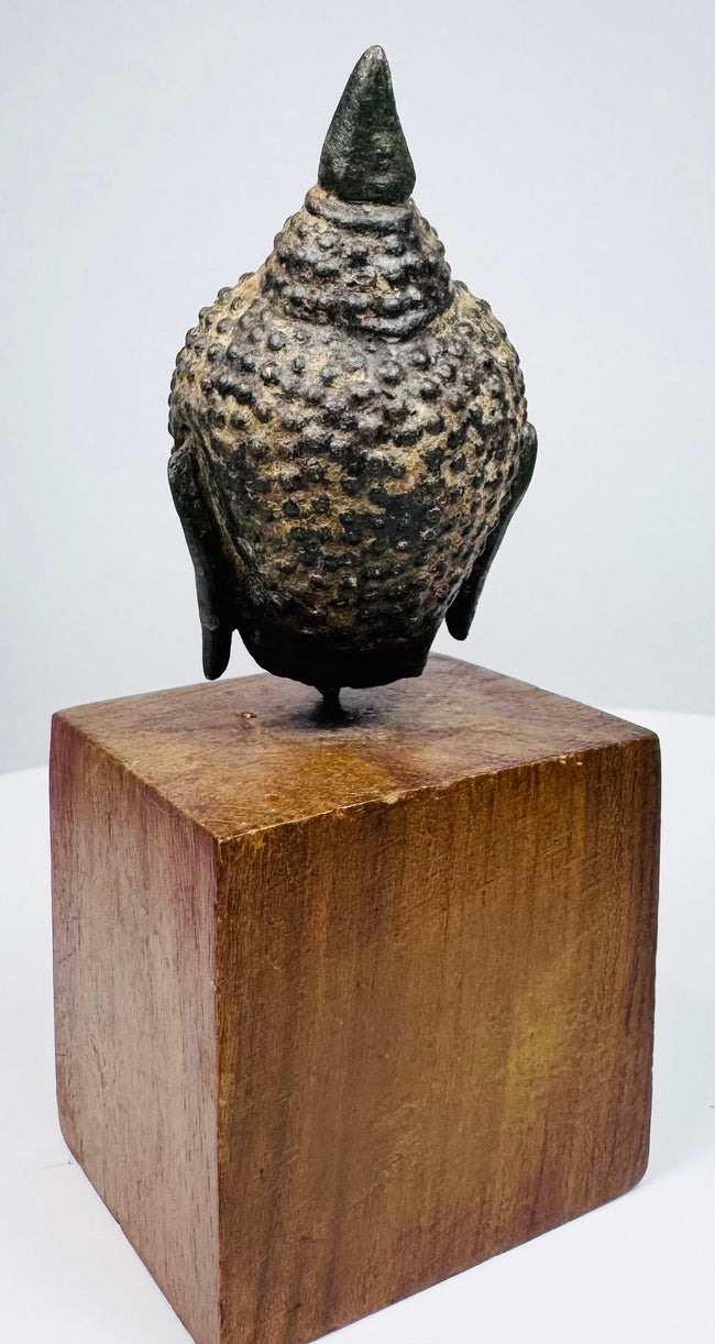 Bronze Buddha head showing dense rows of curls, mottled surface patina, and a pointed topknot above its wooden mount.